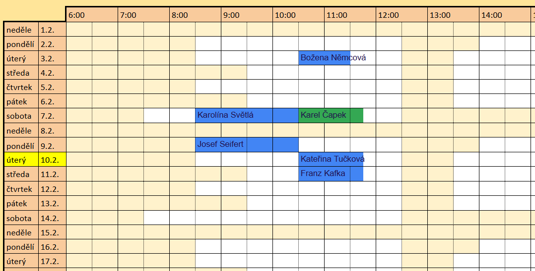 Detail vytvořených rezervací jak se zobrazí ve vašem kalendáři (žlutě pak zvýrazněn aktuální den)